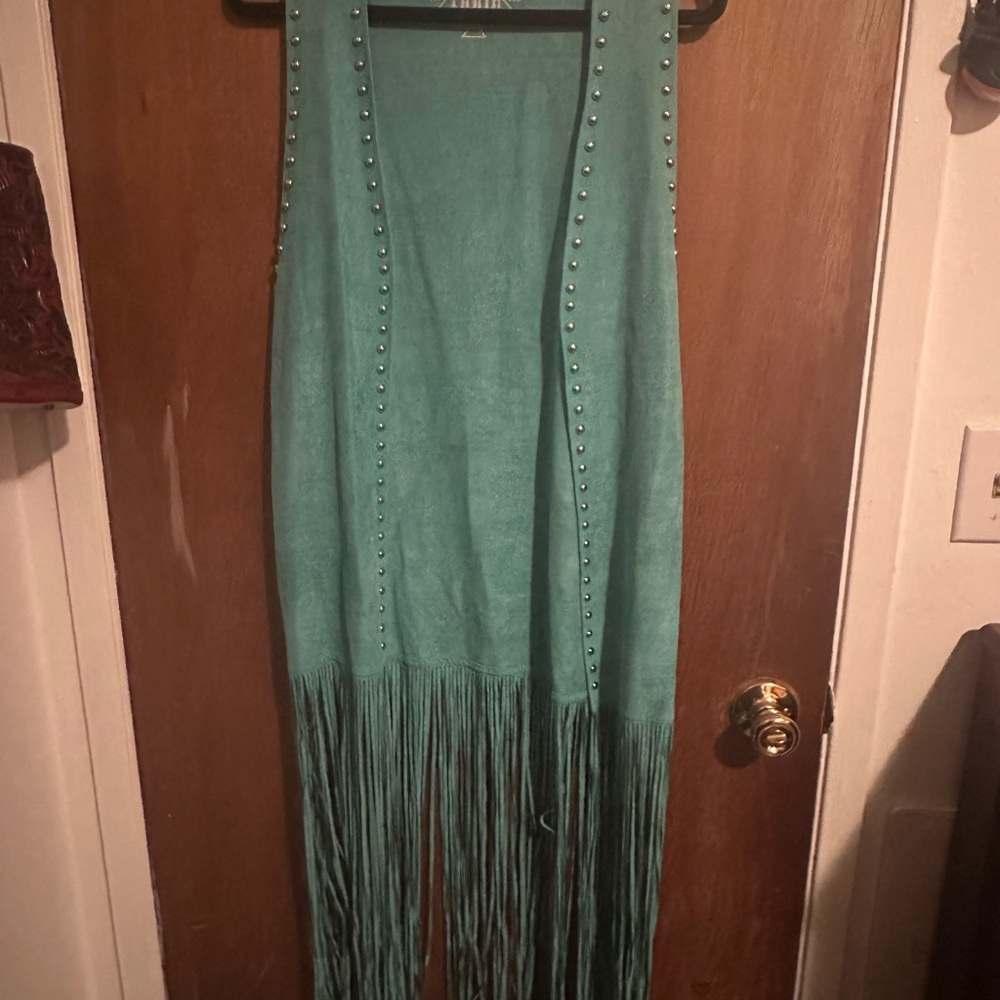 Teal Fringe Vest with Stud Accents